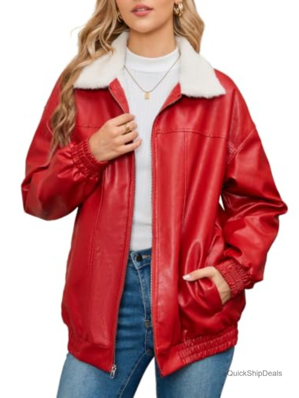 Sherpa Faux Leather Jacket Full Zip Ribbed Oversized Warm Winter Coat